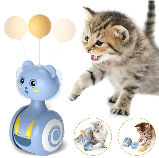 Blue cat feather wand toy with rotating ball attachment on bumbler tumbler base