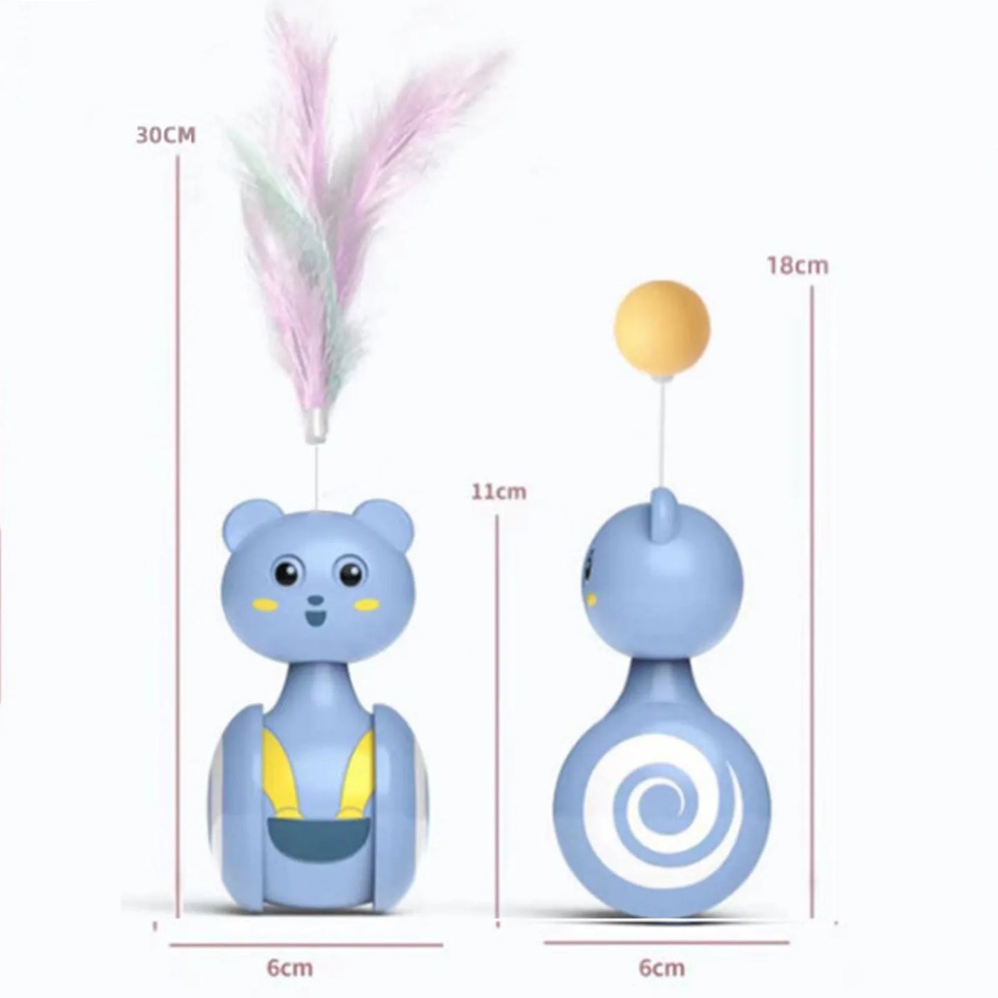 Blue cat feather wand toy with rotating ball attachment on bumbler tumbler base