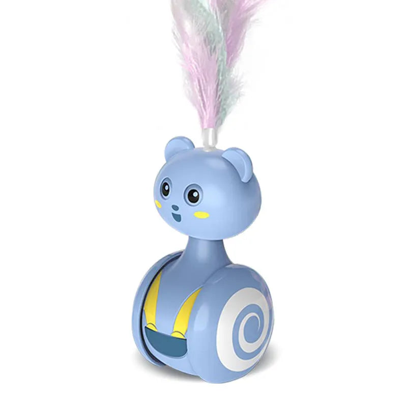 Blue cat feather wand toy with rotating ball attachment on bumbler tumbler base
