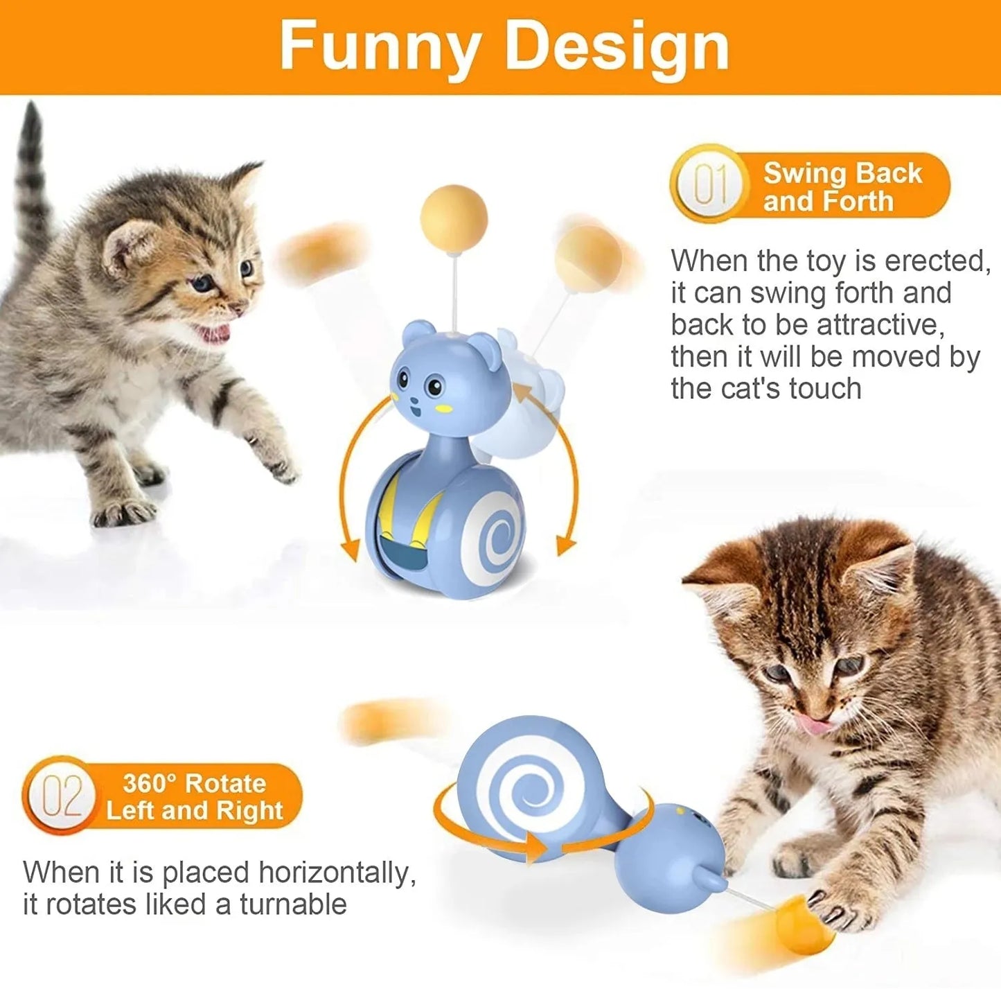 Blue cat feather wand toy with rotating ball attachment on bumbler tumbler base