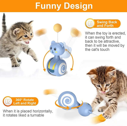 Blue cat feather wand toy with rotating ball attachment on bumbler tumbler base
