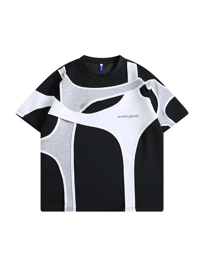 Black and white loose fit short sleeve t-shirt with double stitching and padded shoulder design