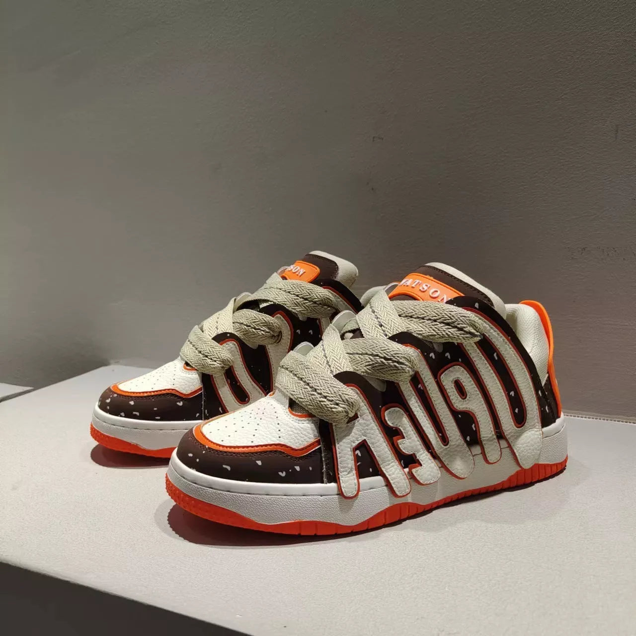 Men's and Women's Retro Sneakers with Thick Sole and Alphabet Design in genuine leather