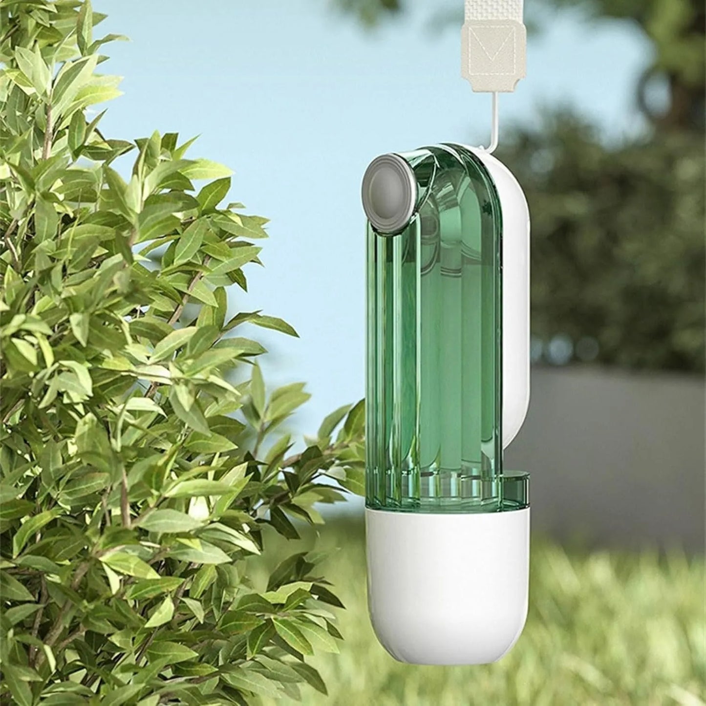Beige or green foldable dog water bottle with food container, measuring 21.5cm height