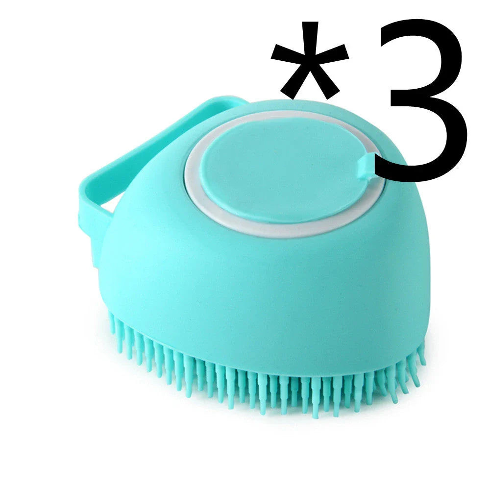 Silicone pet bath brush with shampoo dispenser, designed for gentle grooming and soothing massage