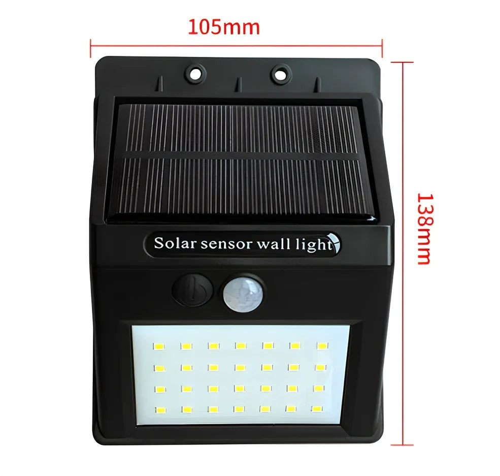 Solar sensor light in black ABS plastic with 20 LEDs and infrared motion detection, package 130x102x55mm