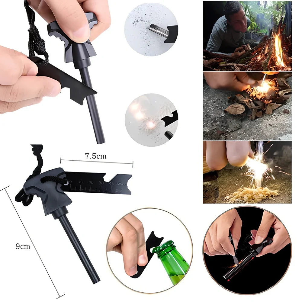 Brown tactical bag holding 13-piece survival kit with knife, compass, blanket, and wire saw for emergency use