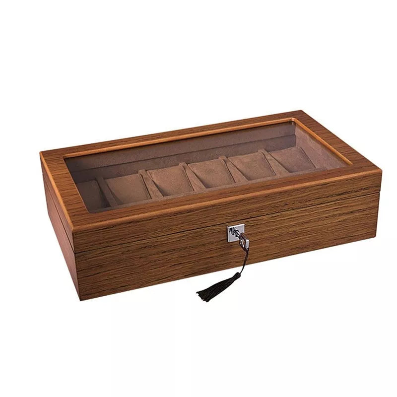 Matte wood grain lock watch storage box with 5 slots, brown color