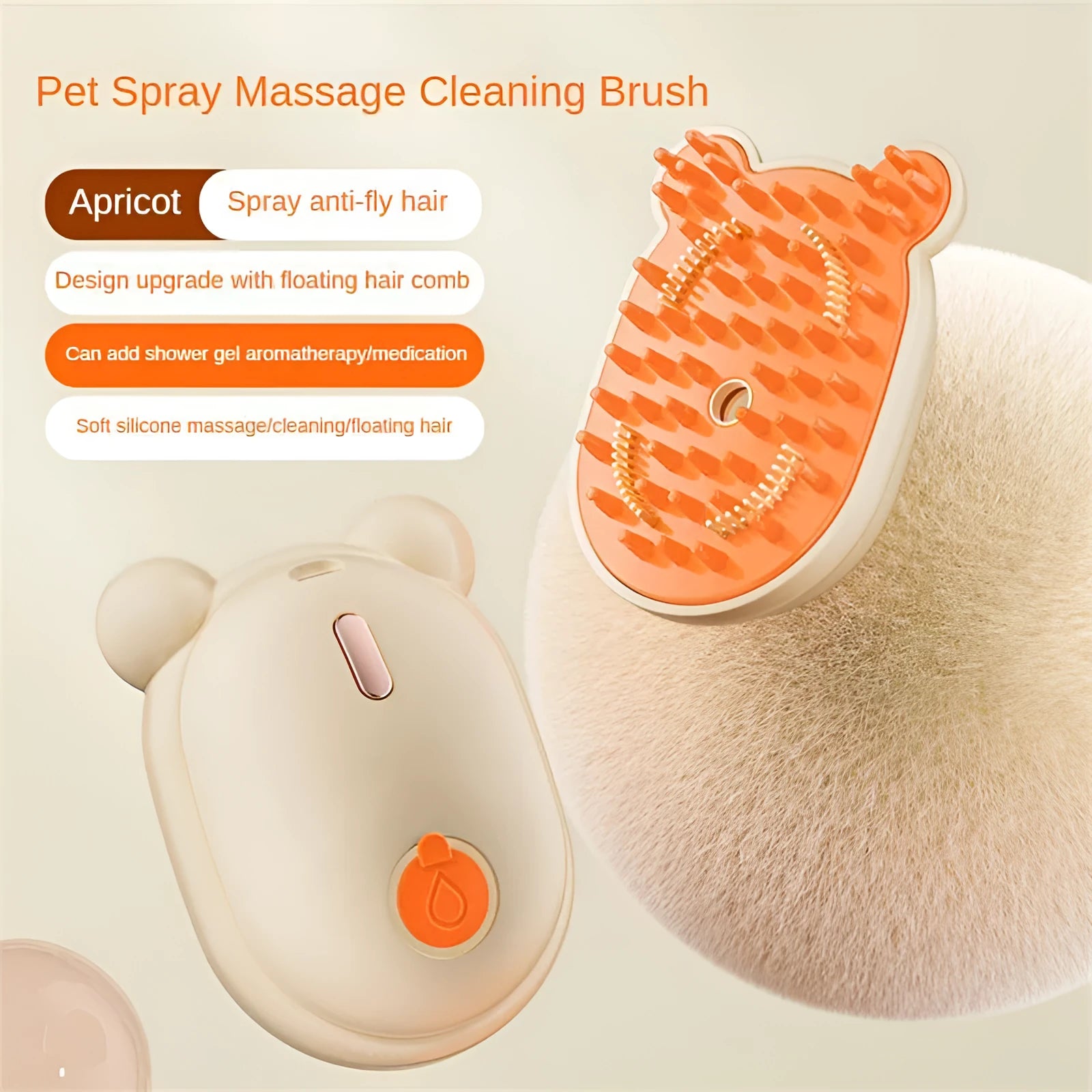 Pink and yellow rechargeable 3-in-1 pet grooming brush with spray function and removable silicone comb