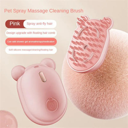 Pink and yellow rechargeable 3-in-1 pet grooming brush with spray function and removable silicone comb