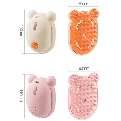 Pink and yellow rechargeable 3-in-1 pet grooming brush with spray function and removable silicone comb