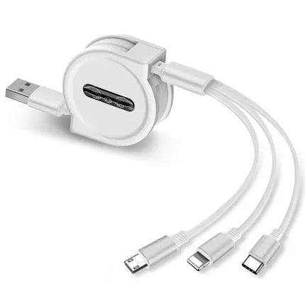 Black telescopic 3-in-1 charging cable extended to full 120cm length, showing three connector tips.
