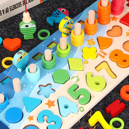Colorful educational wooden toys for kids, featuring interactive games like math, counting, and shape matching to promote early childhood development