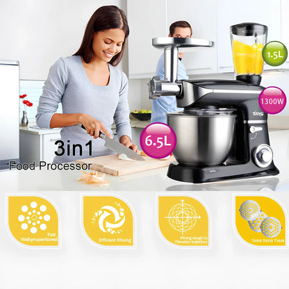 Black and white three-in-one kitchen machine with 6.5L bowl, aluminium attachments, and tilt-head design