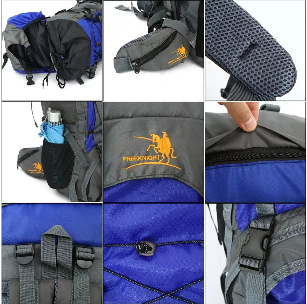 Extra Large Outdoor 60L Travel Backpack with external storage and waist bags