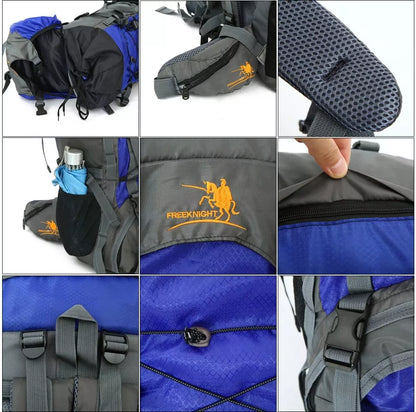 Extra Large Outdoor 60L Travel Backpack with external storage and waist bags