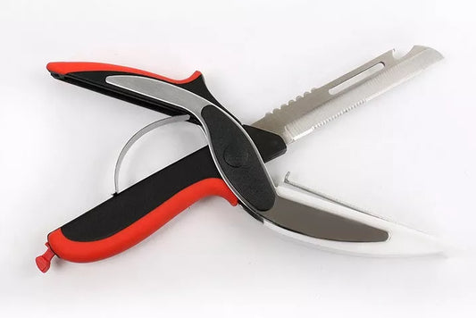 6-in-1 multi-functional food cutting tool with stainless steel blade and PP handle in red and black