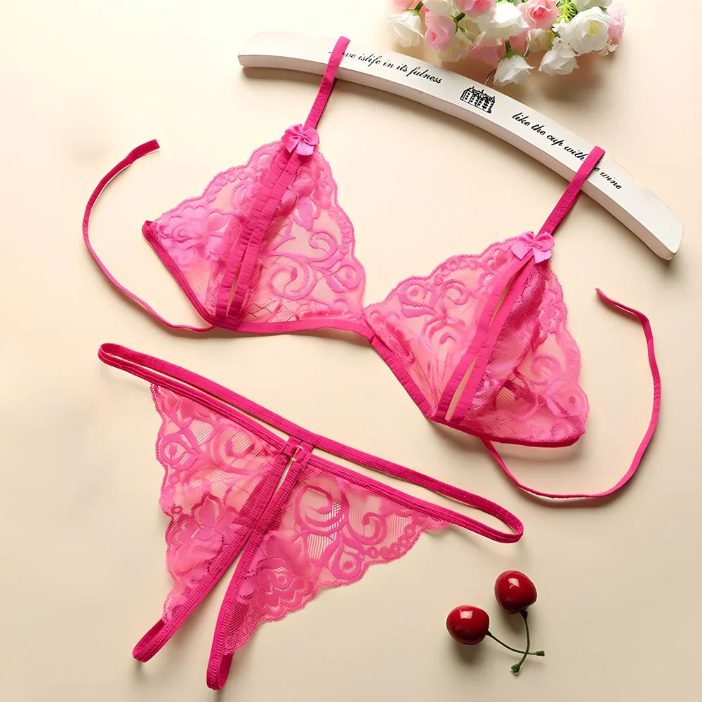 Three-point lingerie set in modal mesh fabric showing black, pink, red, rose red, and white colour options with weight-based sizing