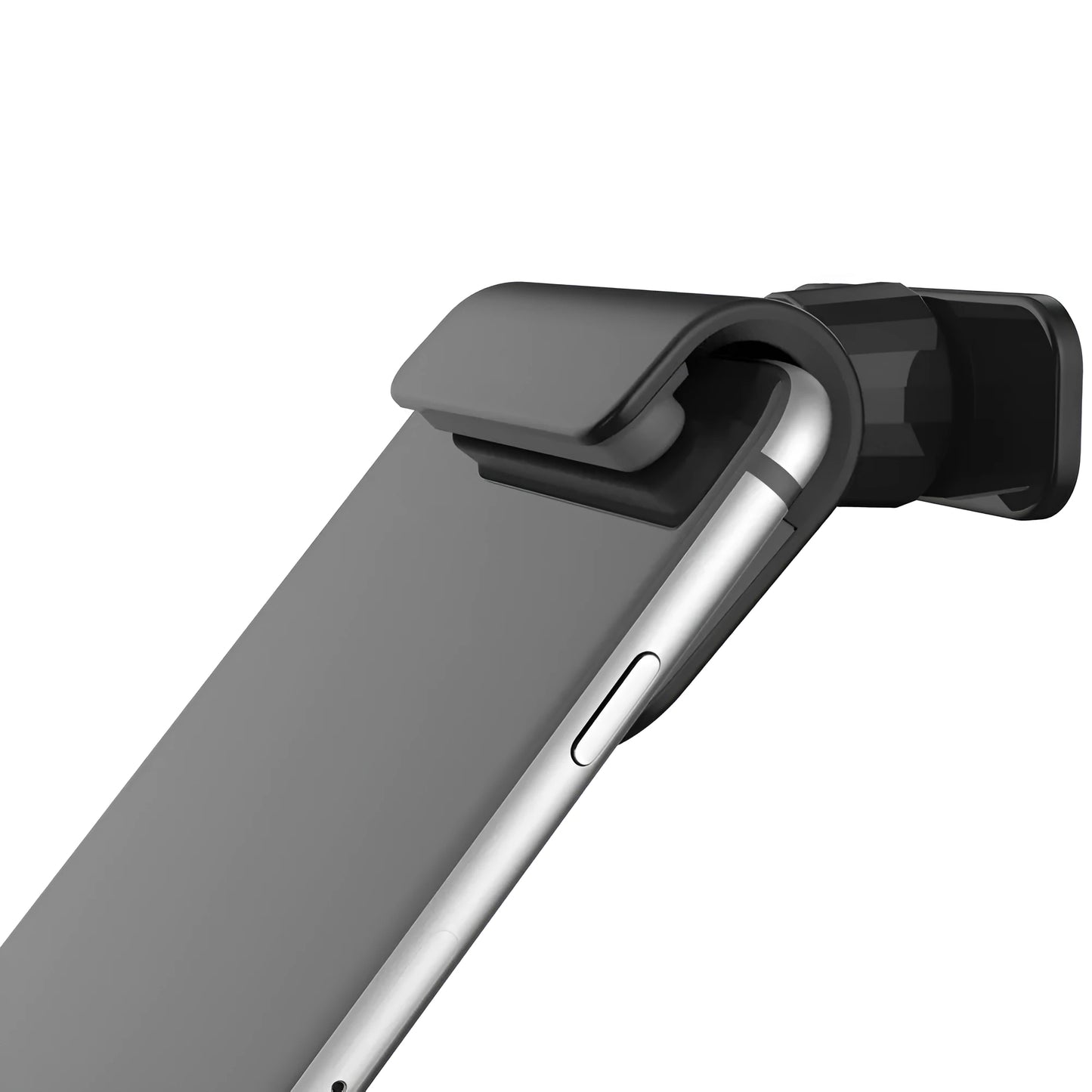 Black universal car phone holder with 360-degree ball joint mounted on a car air vent, holding a mobile phone.