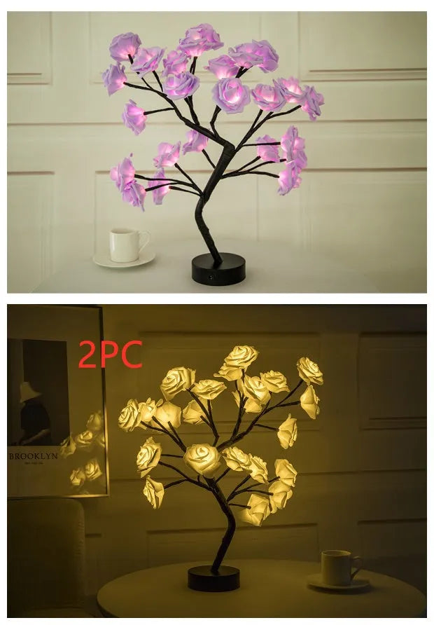 White and red rose flower LED lamp on a bonsai tree stand with warm white lights.