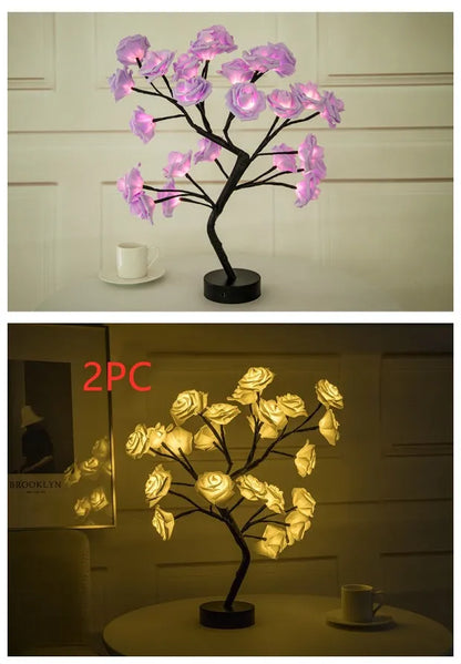 White and red rose flower LED lamp on a bonsai tree stand with warm white lights.