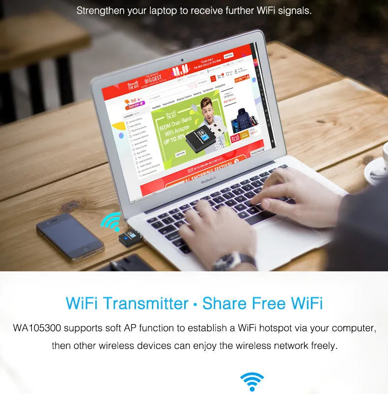Mini USB WiFi receiver 300M network card with RTL8192EU chip, black plastic and metal, 3.3 x 1.5 x 0.7cm