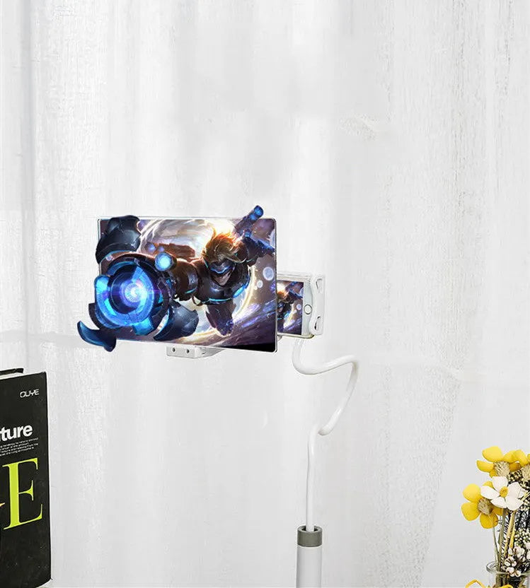 Black mobile phone screen amplifier with 12-inch acrylic display on adjustable rotating bracket
