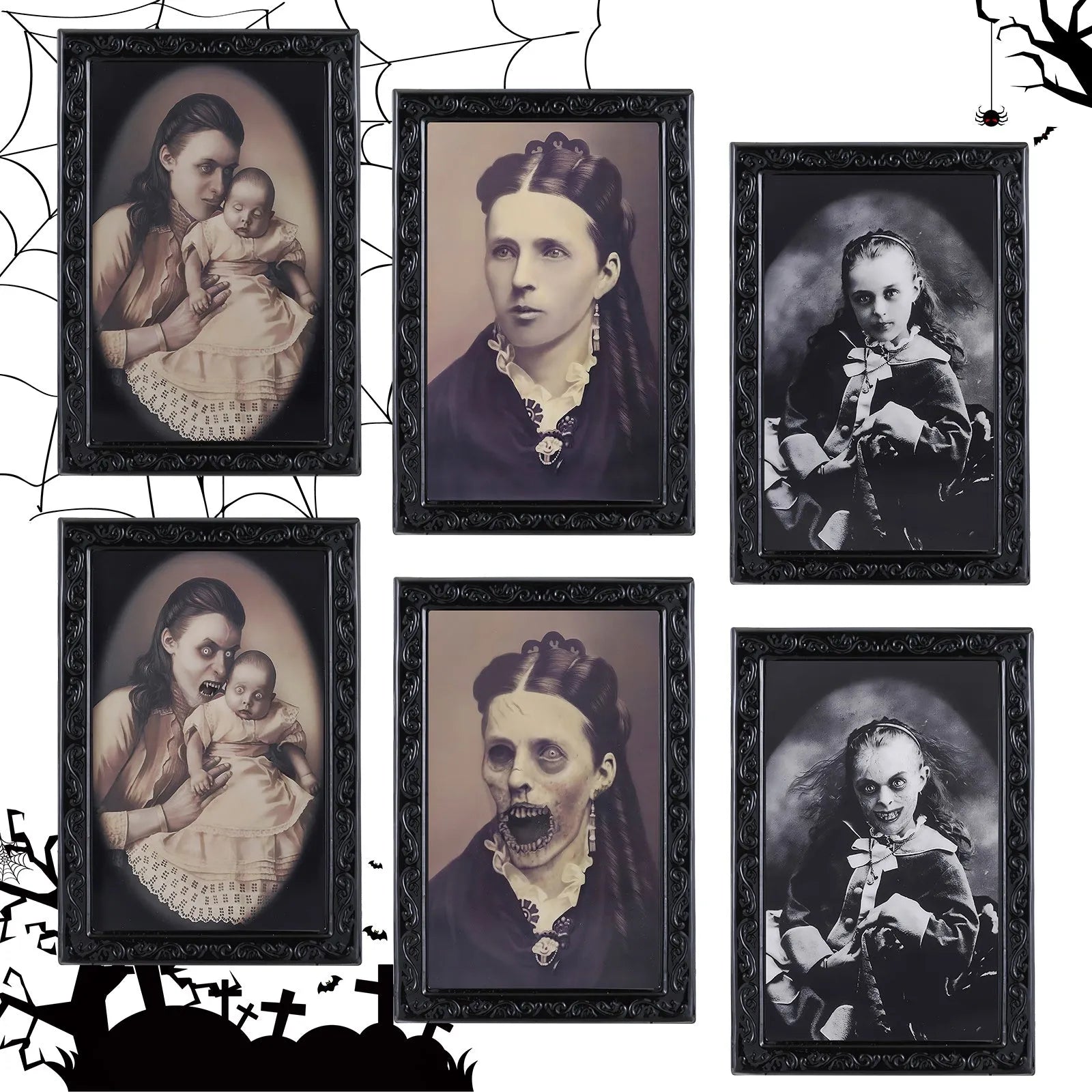 Halloween changing face picture frame showing normal portrait and hidden ghost transformation