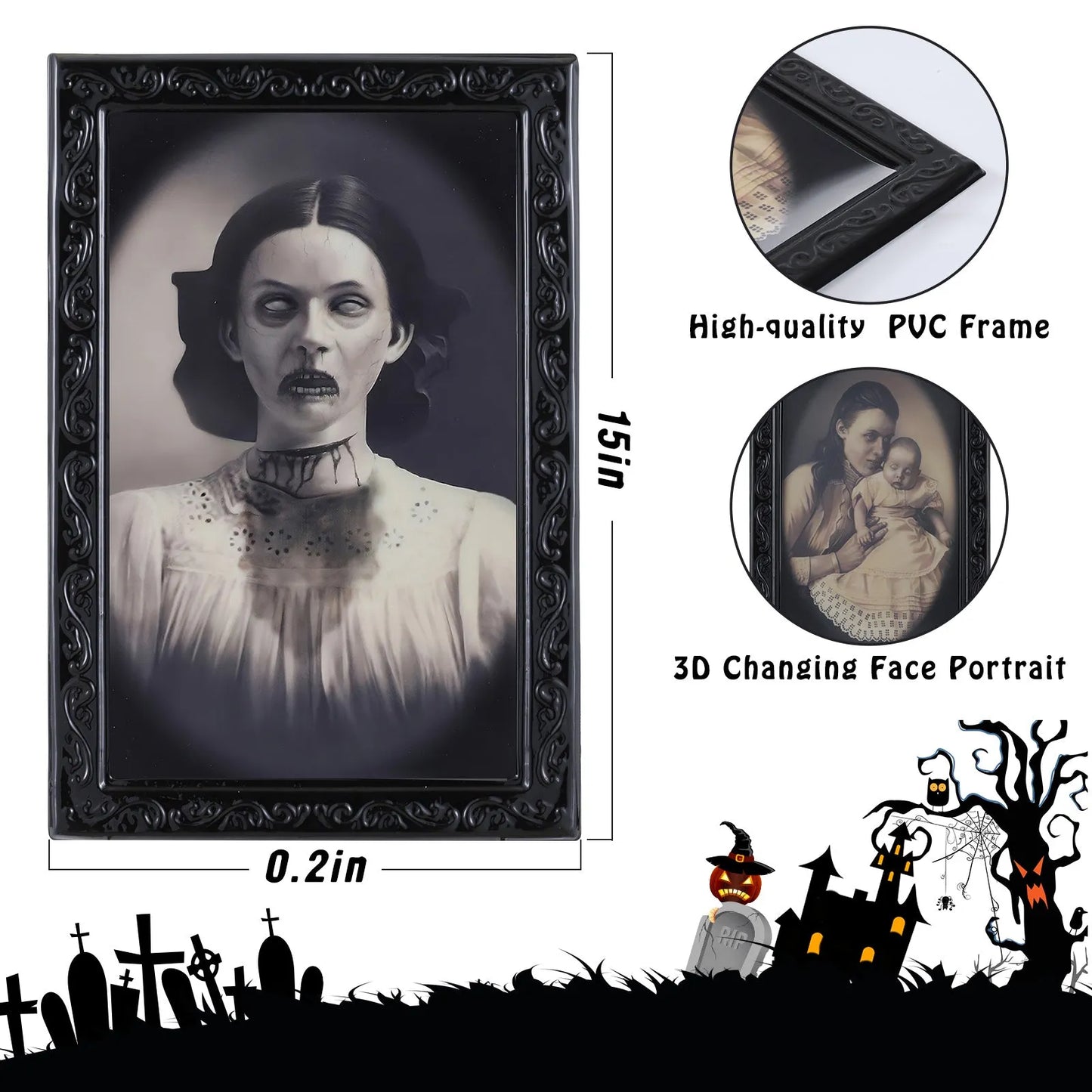 Halloween changing face picture frame showing normal portrait and hidden ghost transformation