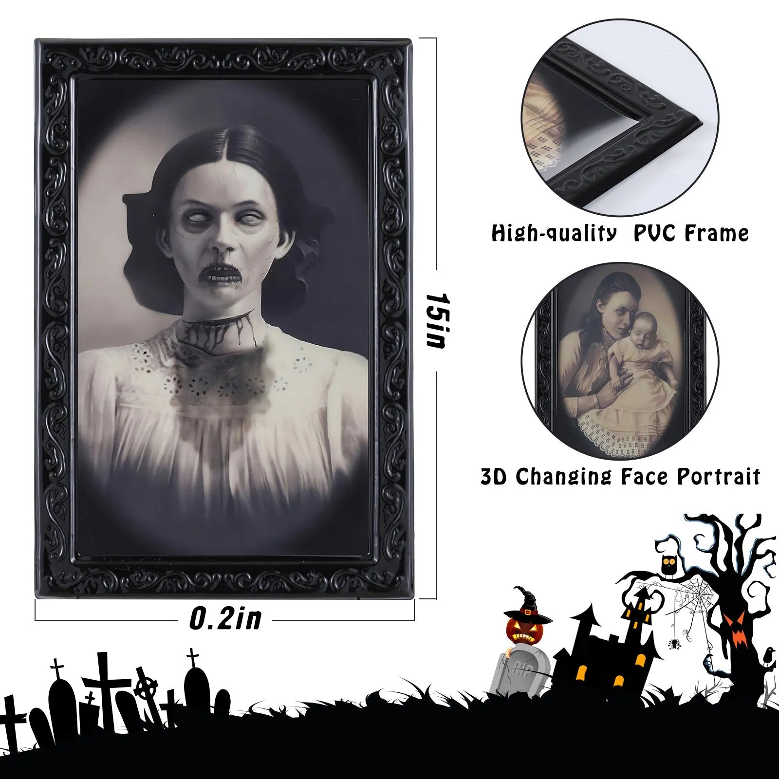 Halloween changing face picture frame showing normal portrait and hidden ghost transformation