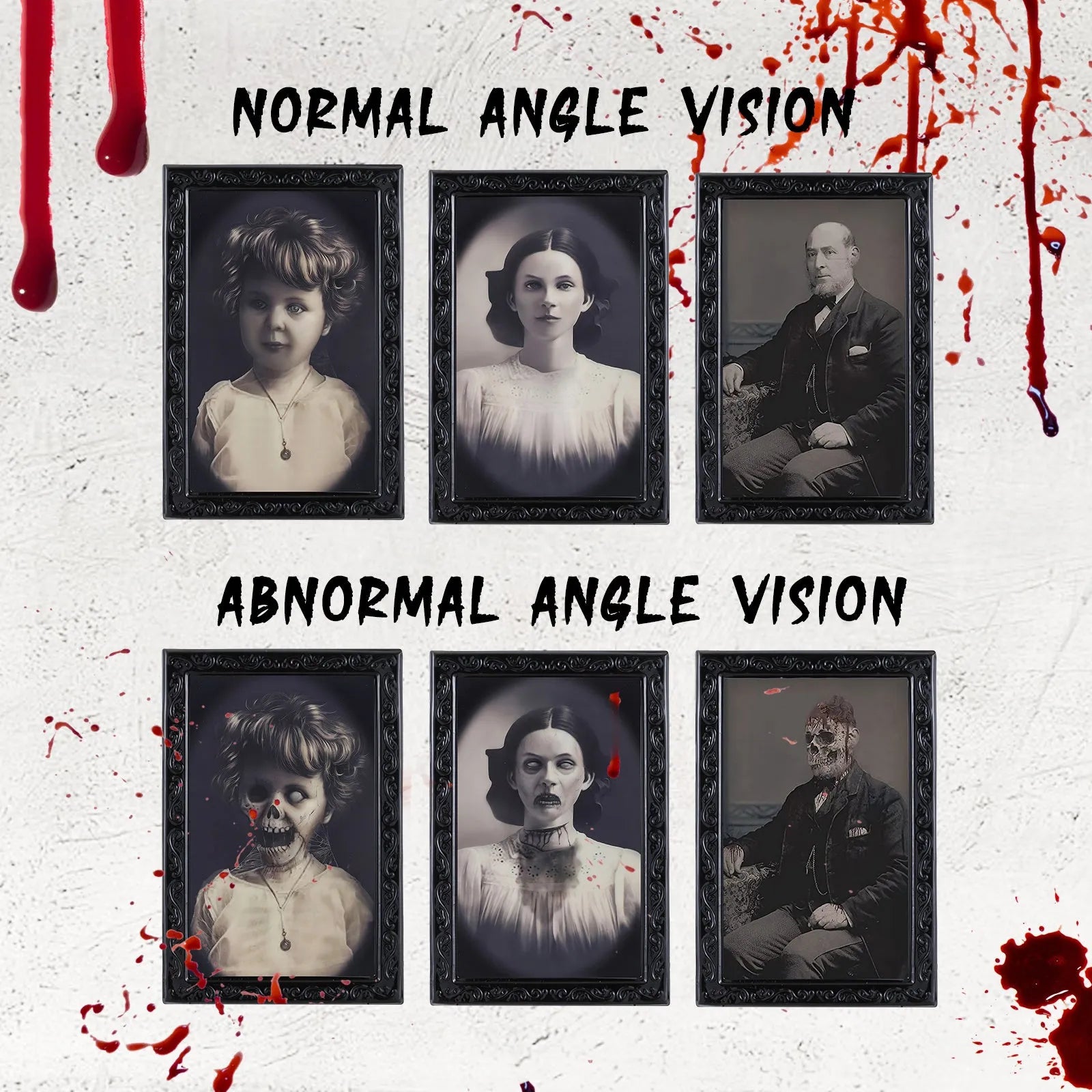 Halloween changing face picture frame showing normal portrait and hidden ghost transformation