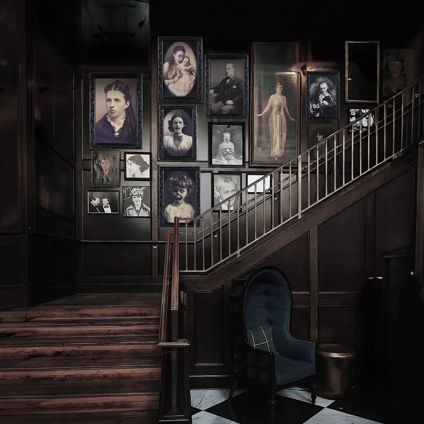 Halloween changing face picture frame showing normal portrait and hidden ghost transformation