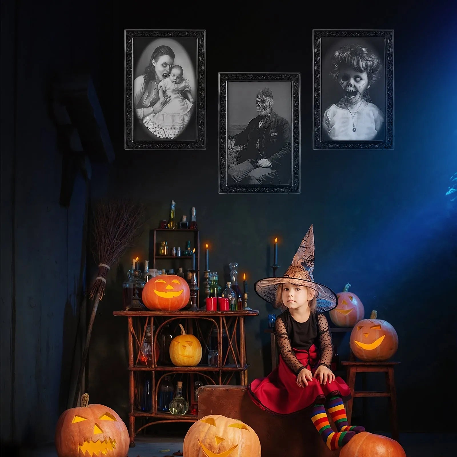 Halloween changing face picture frame showing normal portrait and hidden ghost transformation