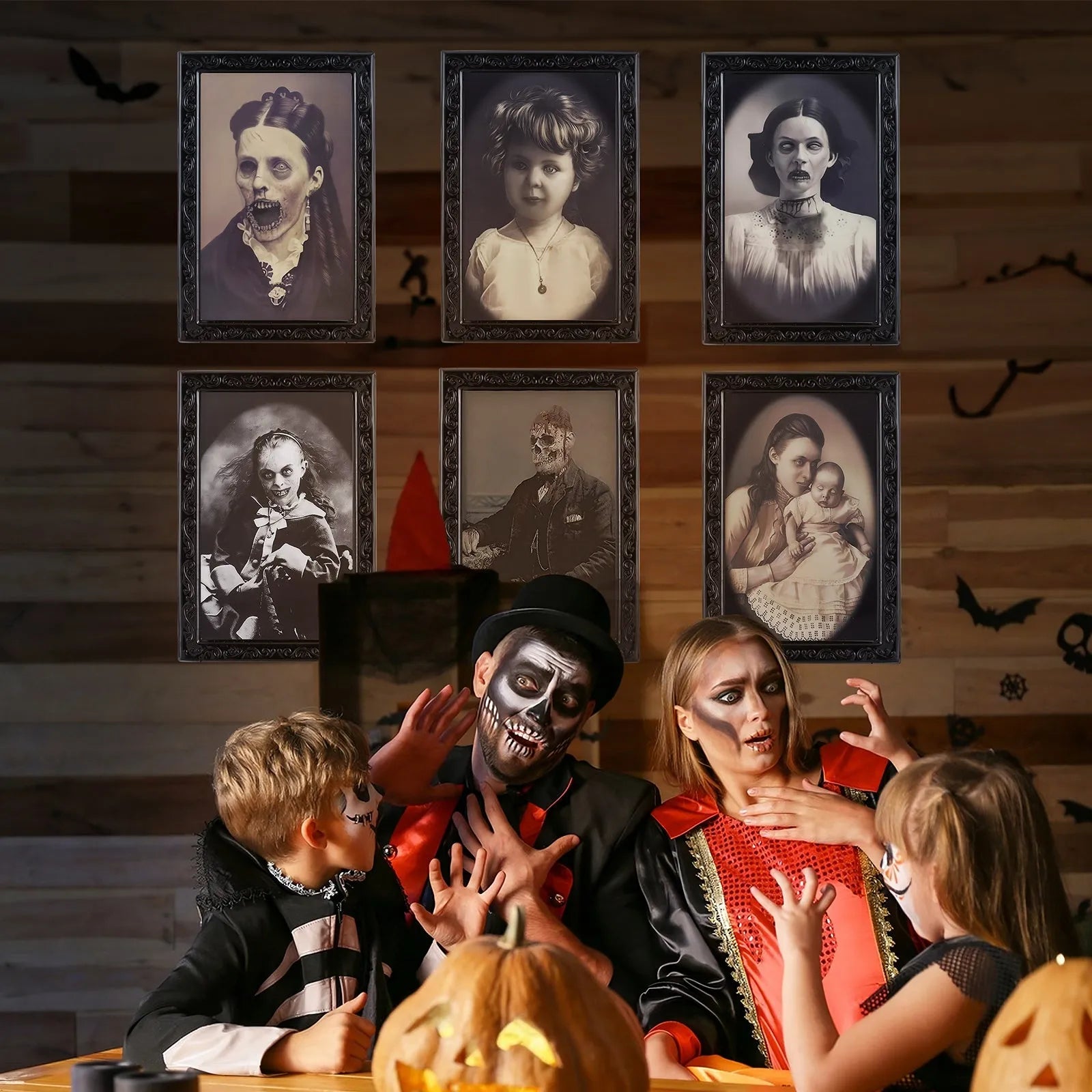 Halloween changing face picture frame showing normal portrait and hidden ghost transformation