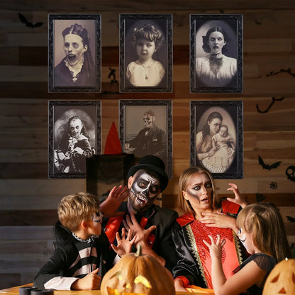 Halloween changing face picture frame showing normal portrait and hidden ghost transformation