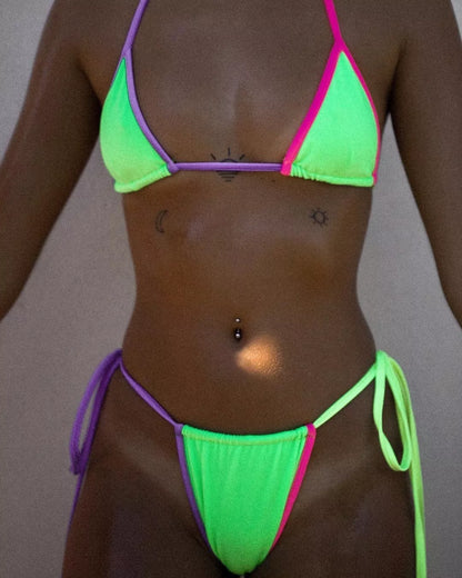 Candy-colored stitching halter bikini in black, green, and multicolor options
