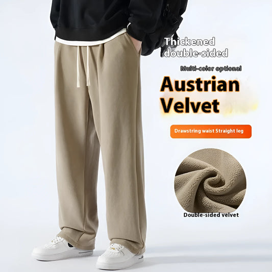 Men's double-sided polar fleece-lined trousers in apricot, black, or dark grey with elastic waist and loose fit for winter.