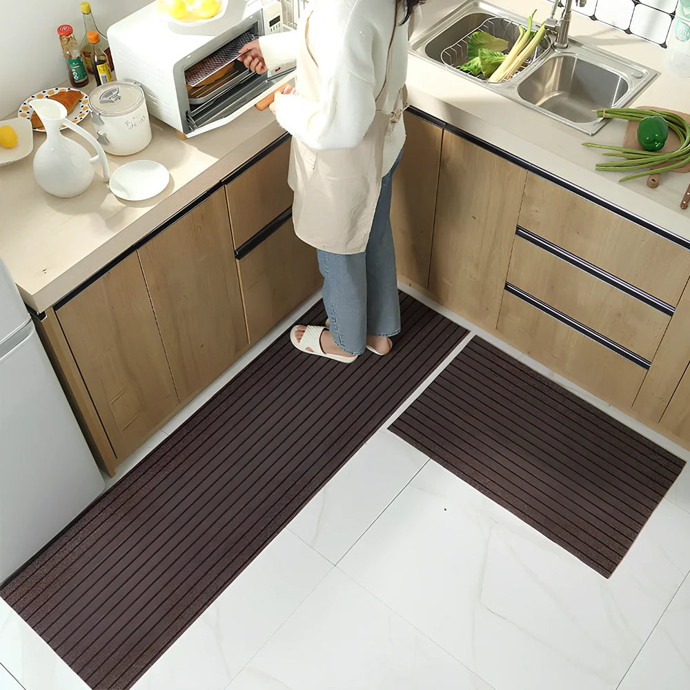 PVC kitchen floor mat with seven-stripe design in camel colour showing machine-woven texture