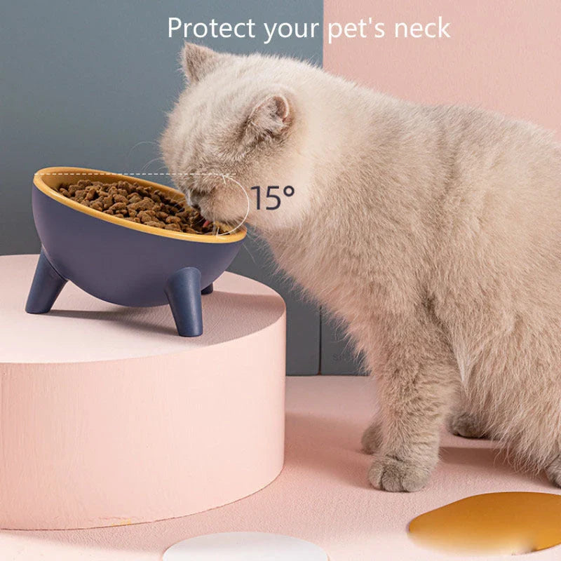 Tilted pet feeding bowls with sturdy stand in various colors, including green, yellow, red, and pink
