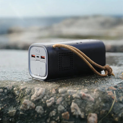 Black battery emergency power bank with solar panel, 70mm by 70mm by 162mm, showing 200W output and charging ports