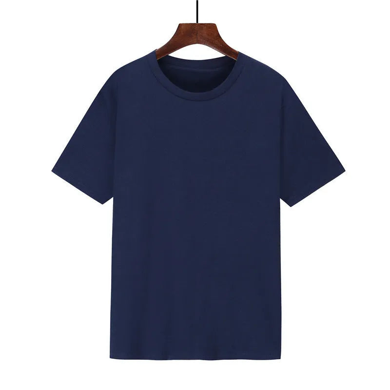 Men's loose fit black cotton short sleeve T-shirt with a printed design, shown on a hanger.