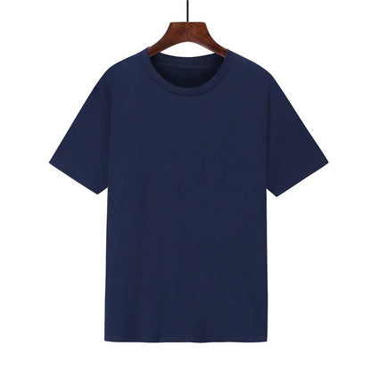 Men's loose fit black cotton short sleeve T-shirt with a printed design, shown on a hanger.