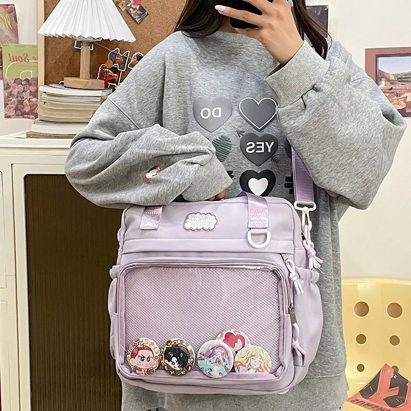 Large capacity nylon shoulder bag for women, 31 x 31 x 9cm, casual contrast colour design with lace-up detail.