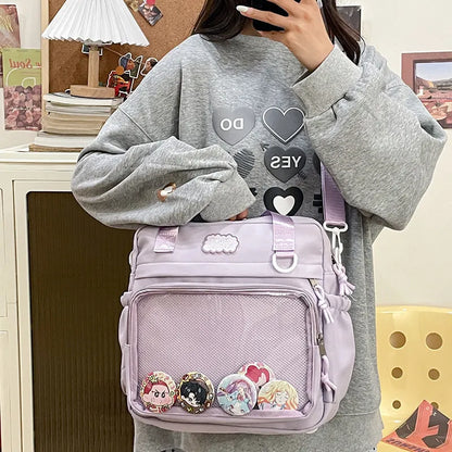 Large capacity nylon shoulder bag for women, 31 x 31 x 9cm, casual contrast colour design with lace-up detail.