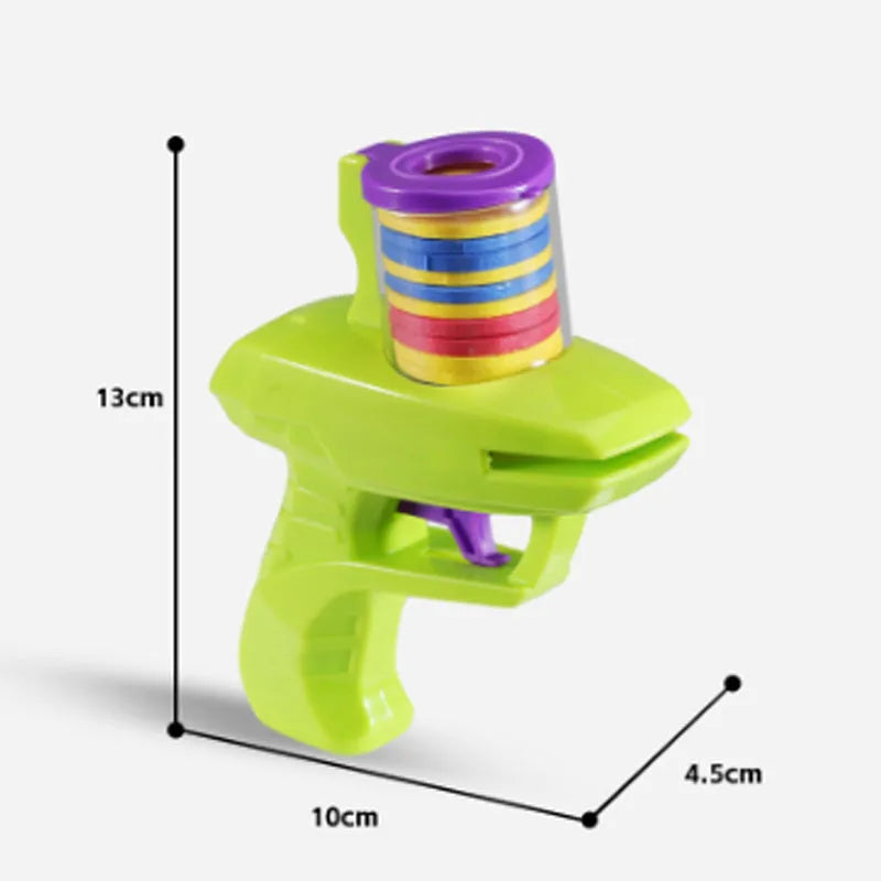 Interactive cat toy launcher with foam disc for playful pets, battery-free durable plastic construction in green or purple colour options