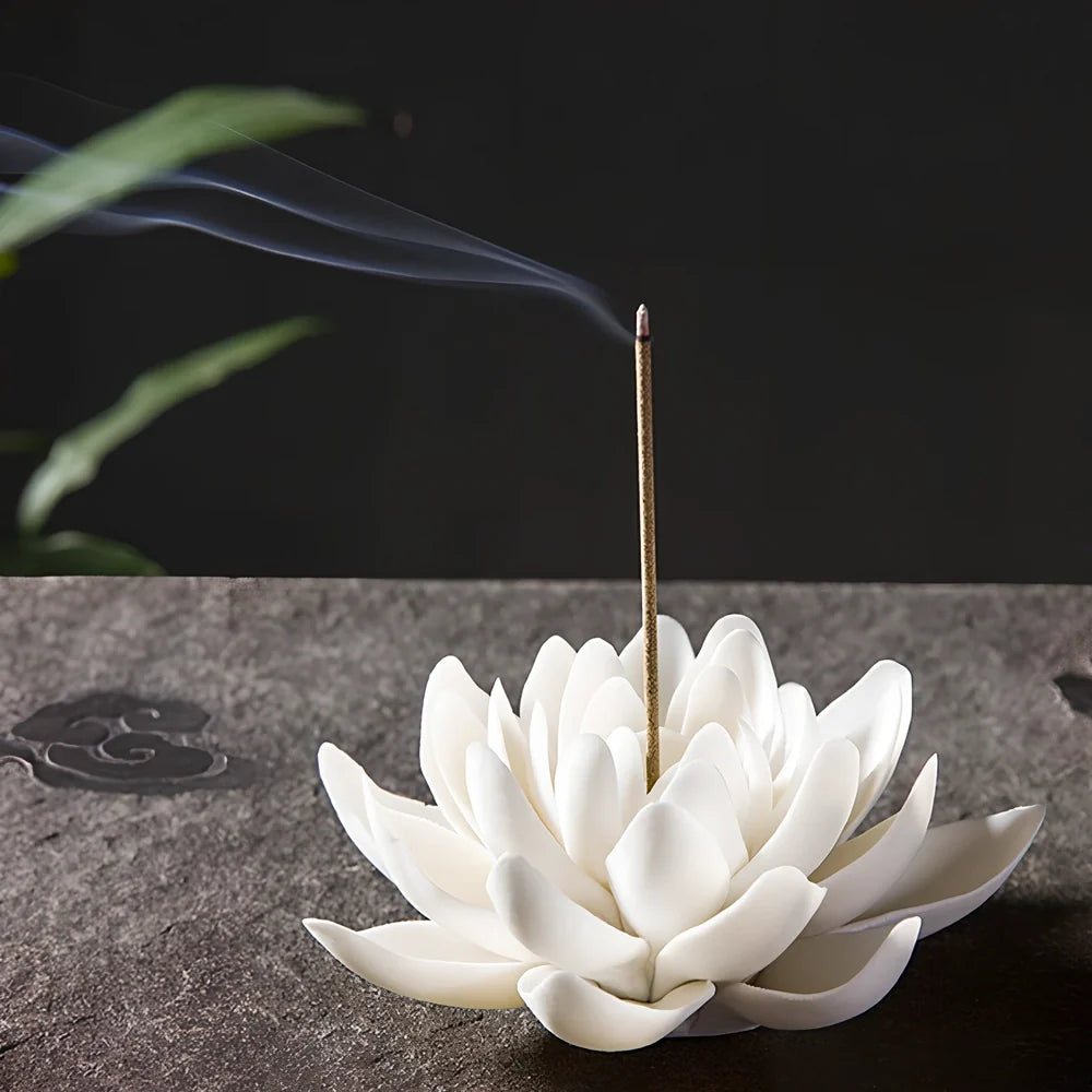 White porcelain lotus incense burner showing S and L size options with ceramic construction