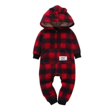 Hooded fleece baby romper in rose red, grey, green, and pink colors with zipper closure
