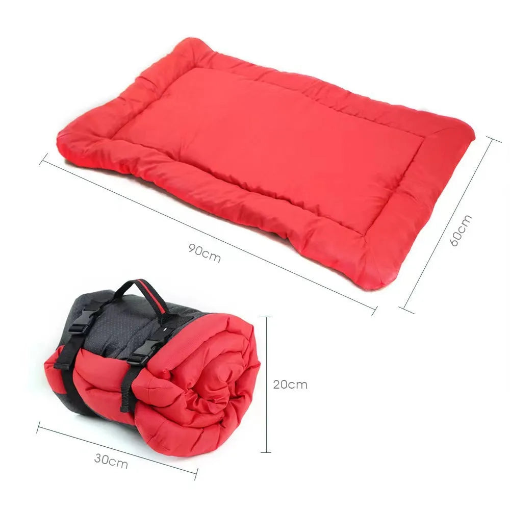 Blue foldable outdoor dog bed shown both open and folded with nylon buckles, on a grassy background.