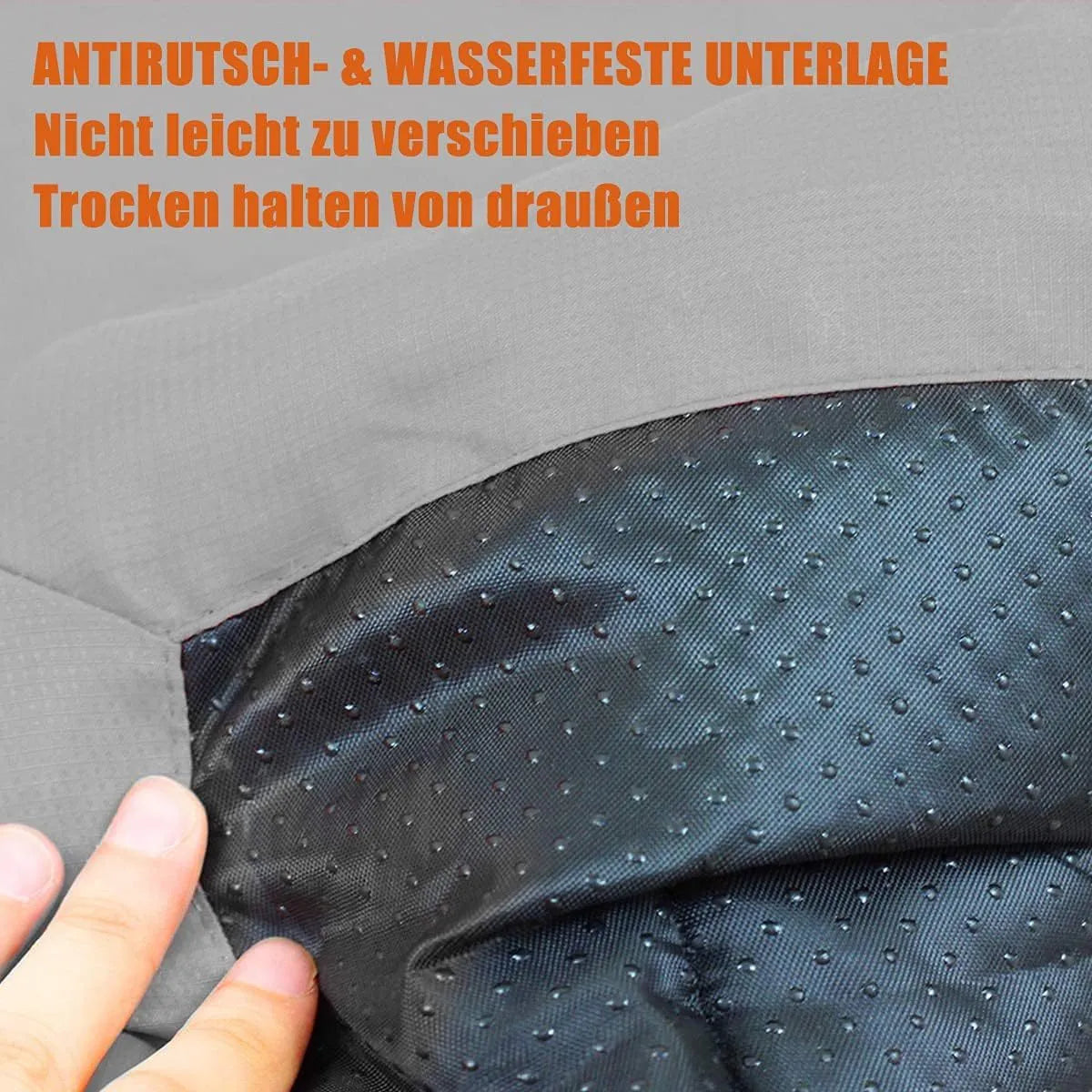 Blue foldable outdoor dog bed shown both open and folded with nylon buckles, on a grassy background.