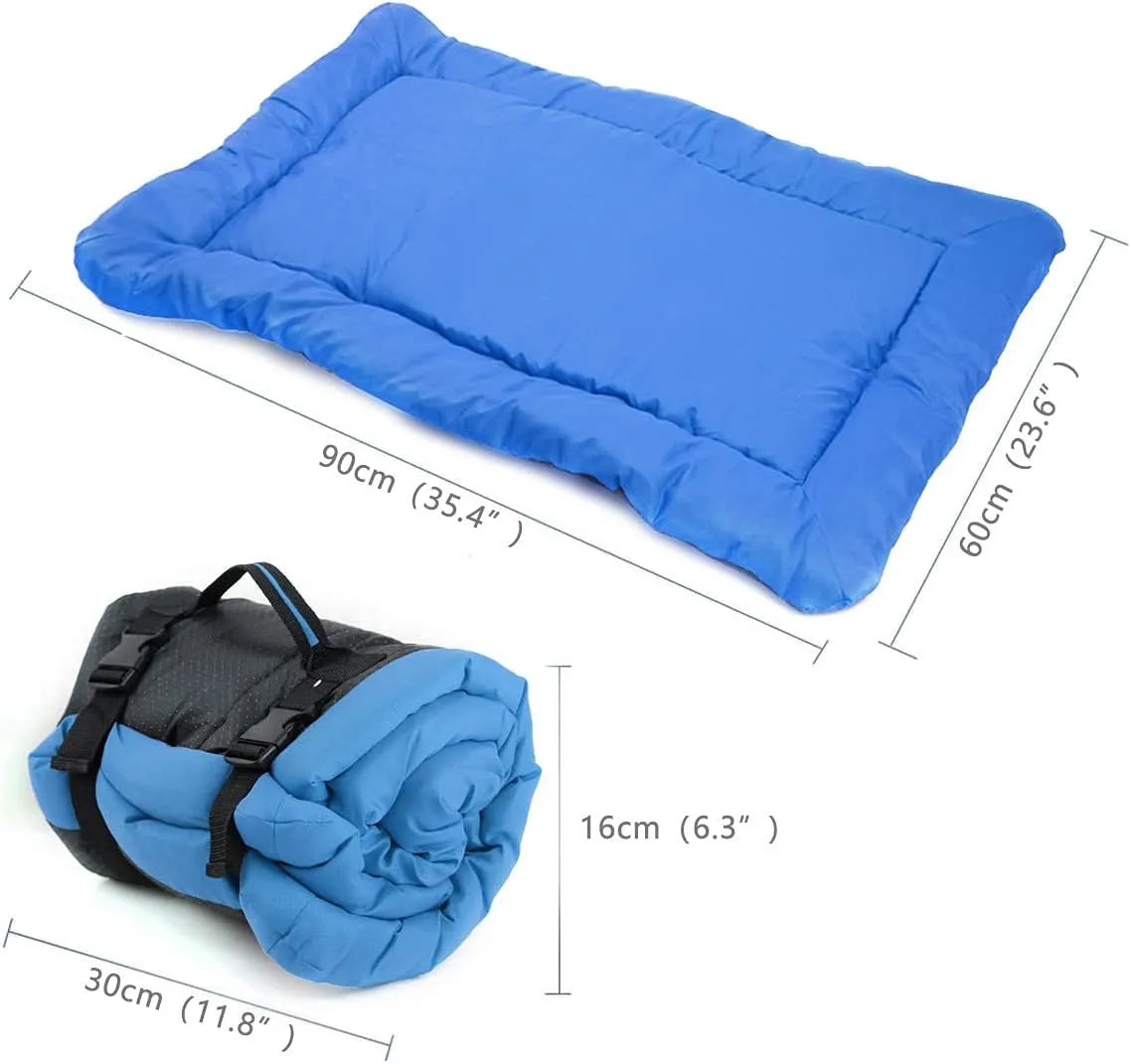Blue foldable outdoor dog bed shown both open and folded with nylon buckles, on a grassy background.